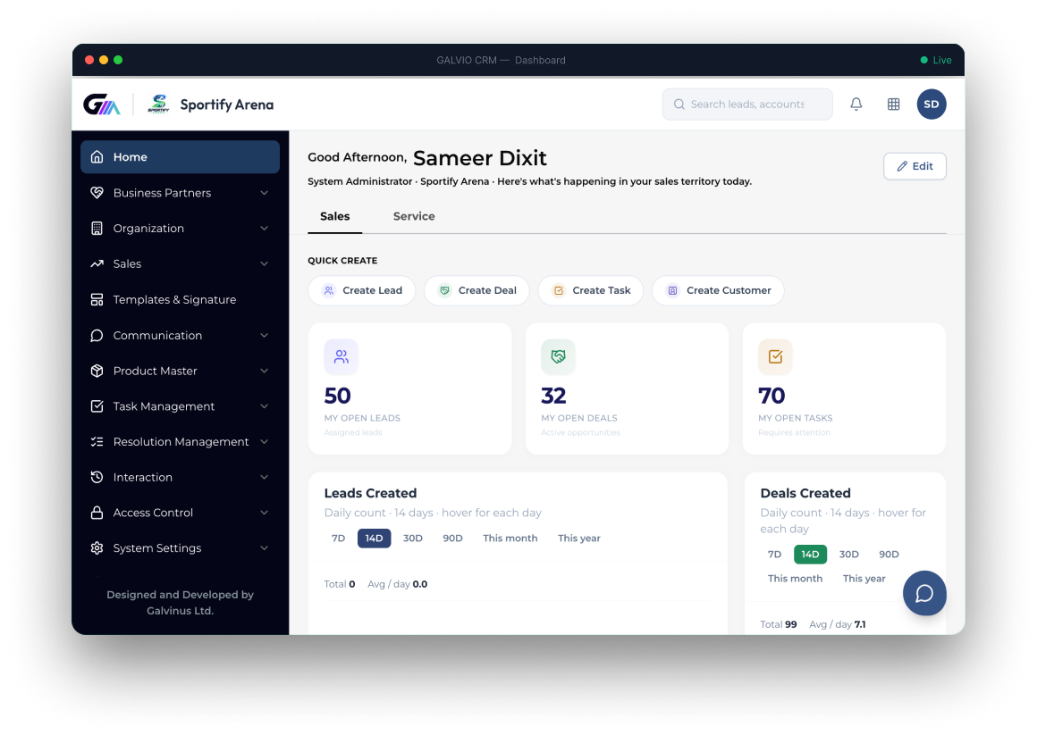 GALVIO CRM — Dashboard