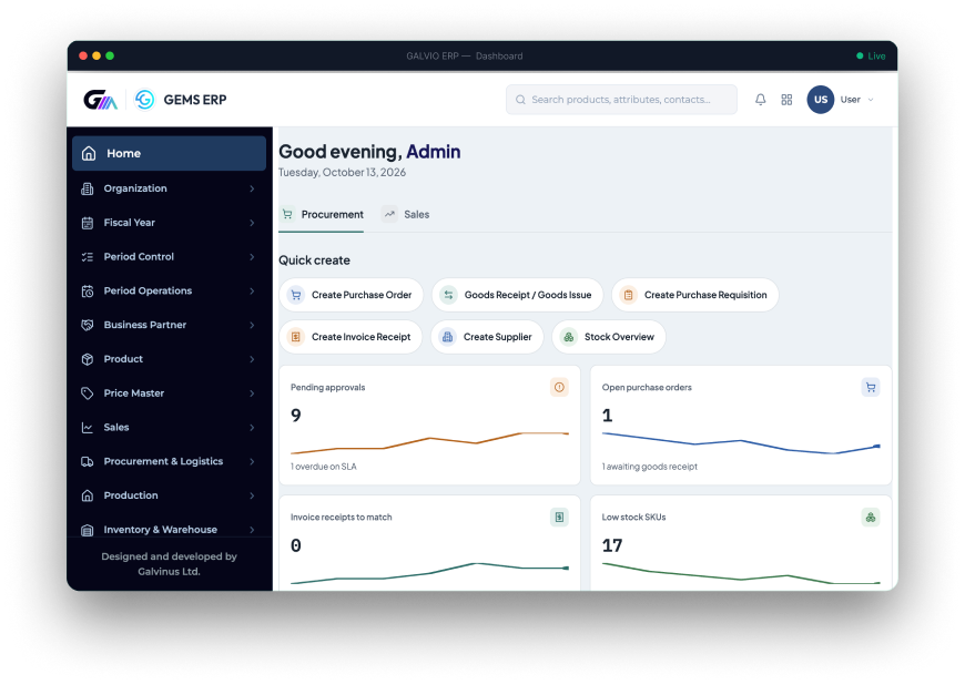 GALVIO ERP — Dashboard